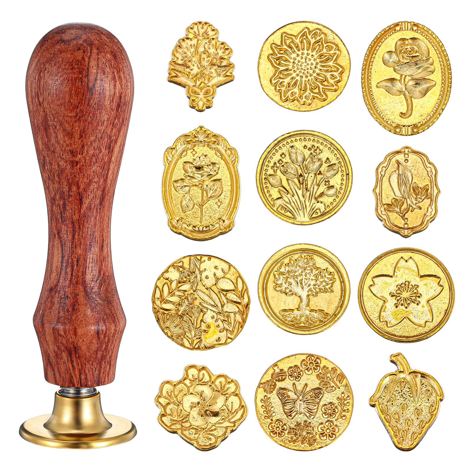12pcs Gold Wax Seal Stamp Kit, Wax Letter Seal Set with Removable Wooden Handle, Waxs Envelope Seal Stamp Kit for Wedding Letter Encapsulation Greeting Cards Presents Decoration Items