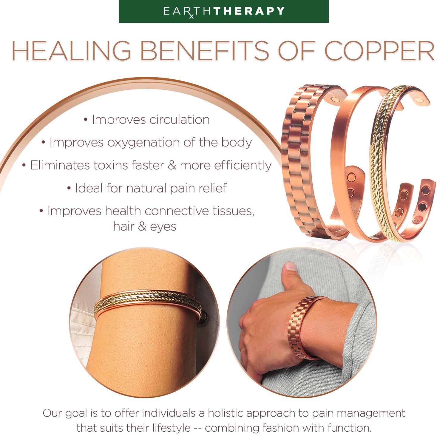 Pure Copper Hammered Magnetic Healing Bracelet for Arthritis, Migraine, and Joint Pain Relief – Adustable Sizing - Earth Therapy: Health & Personal Care