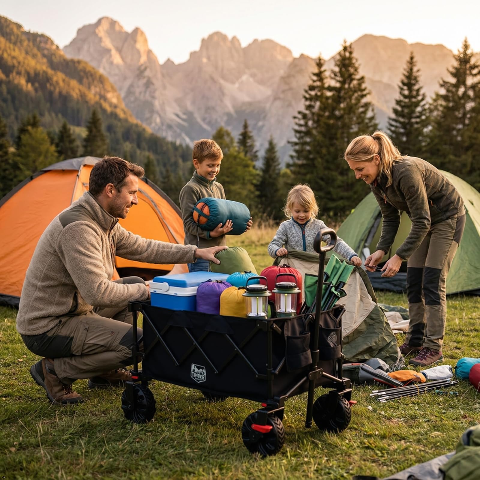 TIMBER RIDGE XXL Bollerwagen Faltbar 250L Breite Reifen mit Bremsen Strandwagen Klappbar 150KG Belastbar mit Getränkehalter All Terrain Transportwagen für Camping Einkaufen Garten 2