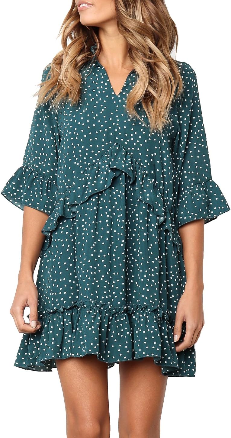 Women's V Neck Ruffle Polka Dot Pocket Loose Swing Casual Short T-Shirt Dress
