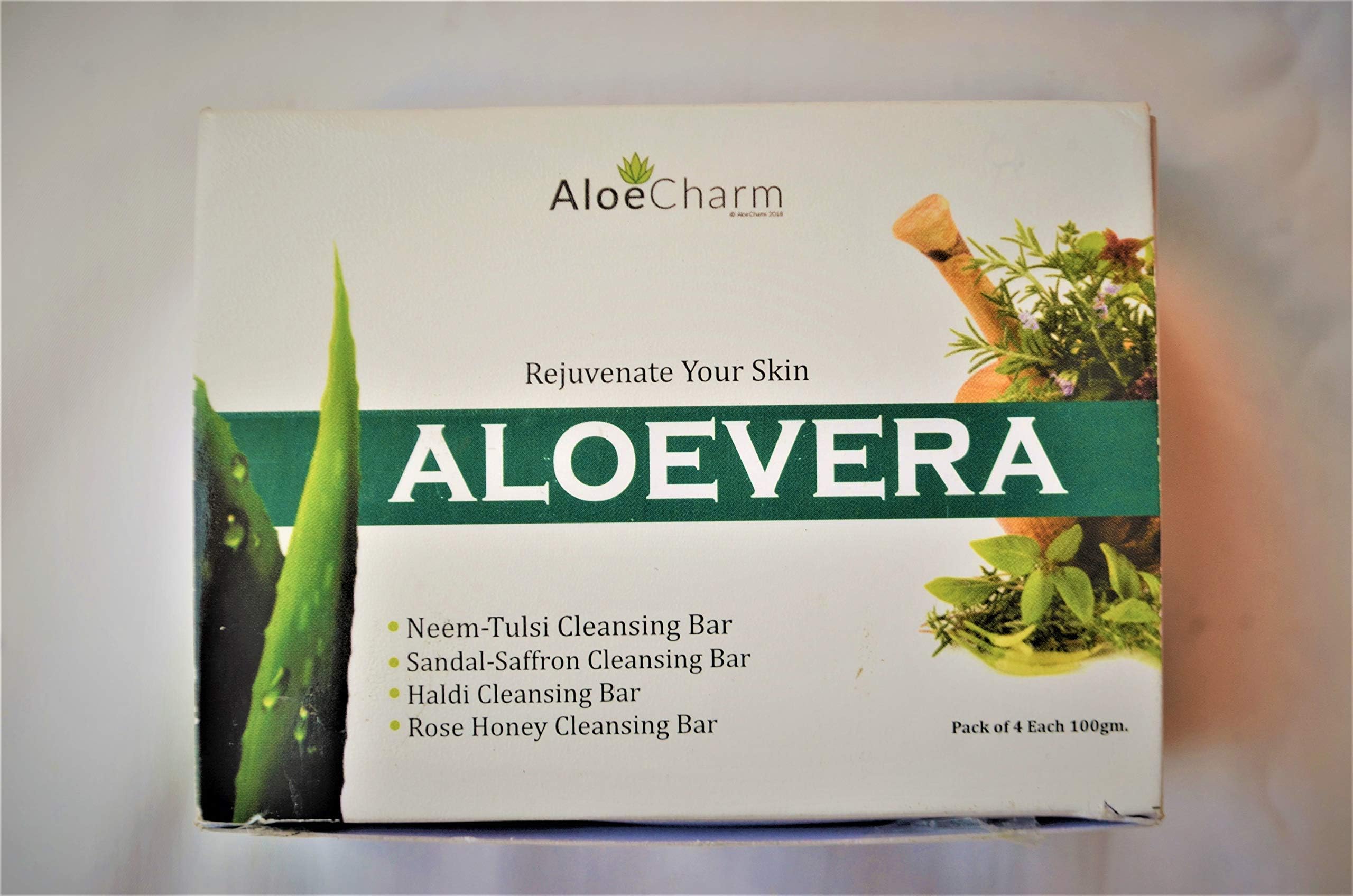 Aloecharm™ Aloevera Soap Neem-Tulsi, Sandal Saffron, Haldi/Turmeric, Rose Honey Cleansing/Moisturizer/Bathing Bar for Men & Women, All Skin Type, Pack of 4