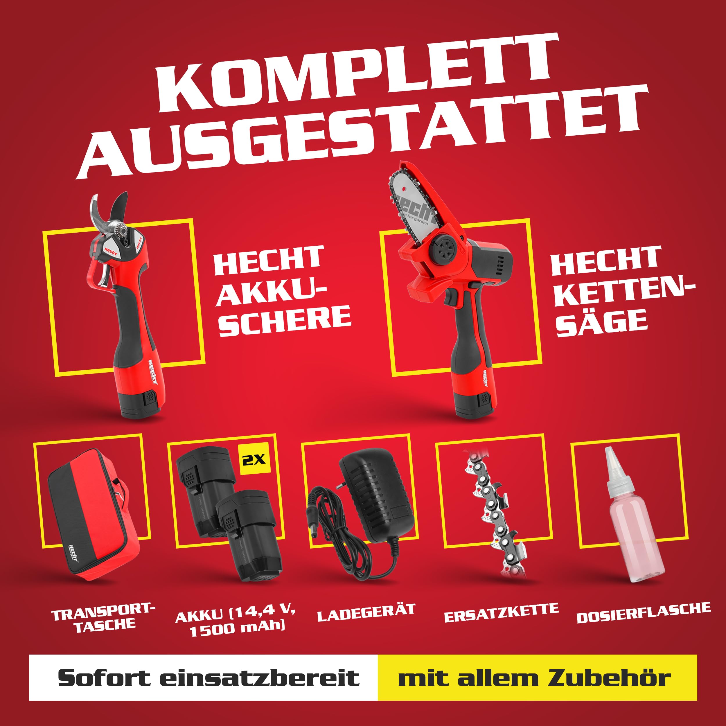 HECHT Akku Astschere 32 mm und Mini Kettensäge 14 cm 2 Akkus 3