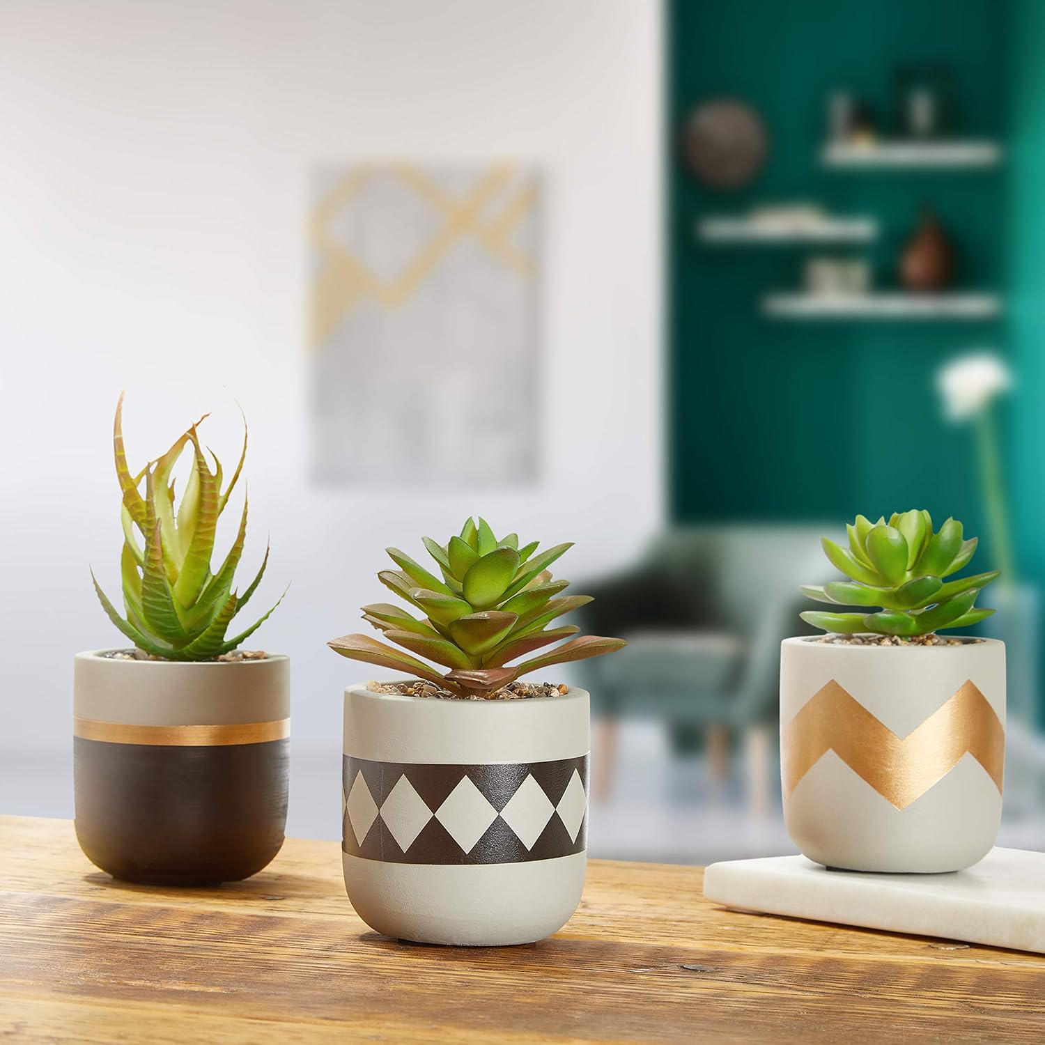 Verge Designs Gorgeous Succulent Pots, Set of 3, with Small Decorative Artificial Plants 8cm, Housewarming Gift