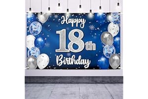 Nelbiirth Happy 18th Birthday Decorations,18th Blue & Silver Balloon Large Birthday Banner Backdrop Sign,Cheers to Eighteen Years Old Bday Party Supplies.