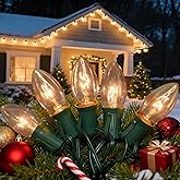 C9 Clear Christmas Lights, 25Ft Vintage Outdoor String Lights with 26 C9 Clear Bulbs, Hanging Christmas Roofline Lights for Outdoor Halloween Christmas Patio, Cafe, Party Decor- Green