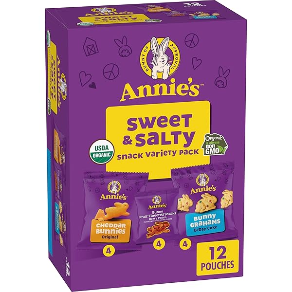 ANNIE’S SWEET AND SALTY SNACK VARIETY PACK, CHEDDAR BUNNIES, BUNNY GRAHAMS AND BUNNY FRUIT FLAVORED SNACKS, ORGANIC KIDS SNACKS, 12 POUCHES, 10.8 OZ