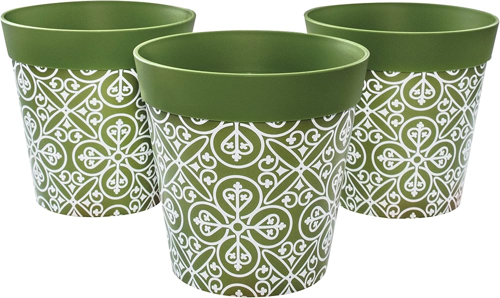 Hum Flowerpots 15cm Set of 3 Green Maroc Pattern Plastic Pots UK Made