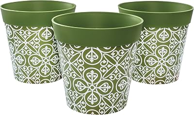 Hum Flowerpots 15cm Set of 3 Green Maroc Pattern Plastic Pots UK Made