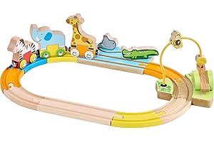 maxim enterprise, inc. Safari Wooden Train Set with Painted Circus Animals, Wooden Railway with 3 Cars, 8 Curved Tracks, Removable Zebra, Giraffe, Elephant, Compatible with Major Brand Railway Set