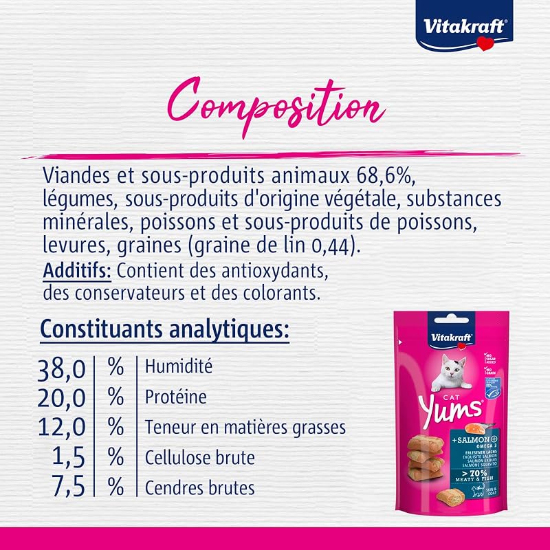 Vitakraft - cat yums, petisco suculento para gatos com salmão e ômega 3 - embalagem de 9 x 40 g