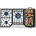 36 inch Gas Cooktop with Grill/Griddle, Gas Stove Top with 5 Italy Sabaf Sealed Burners, Max 48,300 BTU Built-in Gas Stove, 304 Stainless Steel Propane Cooktop, NG/LPG Convertible, CSA Certified
