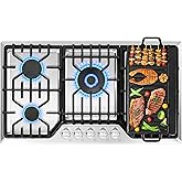 36 inch Gas Cooktop with Grill/Griddle, Gas Stove Top with 5 Italy Sabaf Sealed Burners, Max 48,300 BTU Built-in Propane Stove, 304 Stainless Steel Propane Cooktop, NG/LPG Convertible, CSA Certified