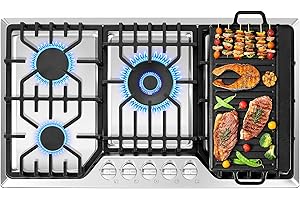 AMZGACHFKTCH 36 inch Gas Cooktop with Grill/Griddle, Gas Stove Top with 5 Italy Sabaf Sealed Burners, Max 48,300 BTU Built-in Propane Stove, 304 Stainless Steel Propane Cooktop, NG/LPG Convertible, CSA Certified