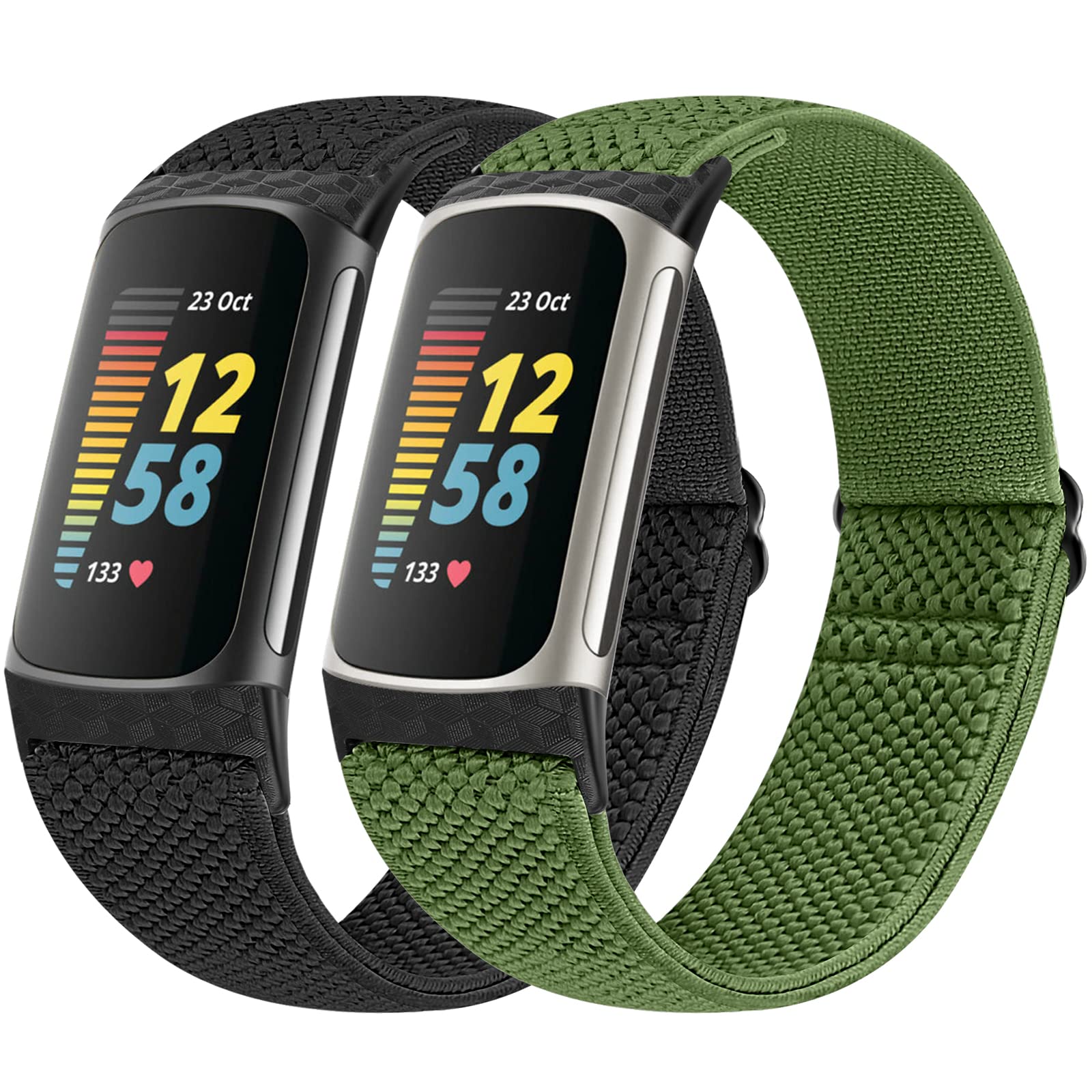 Vodtian 2 Pack Stretchy Adjustable Nylon Loop Braided Replacement Sport Wristband for Fitbit Charge 5/Charge 6 Activity Tracker Women Men