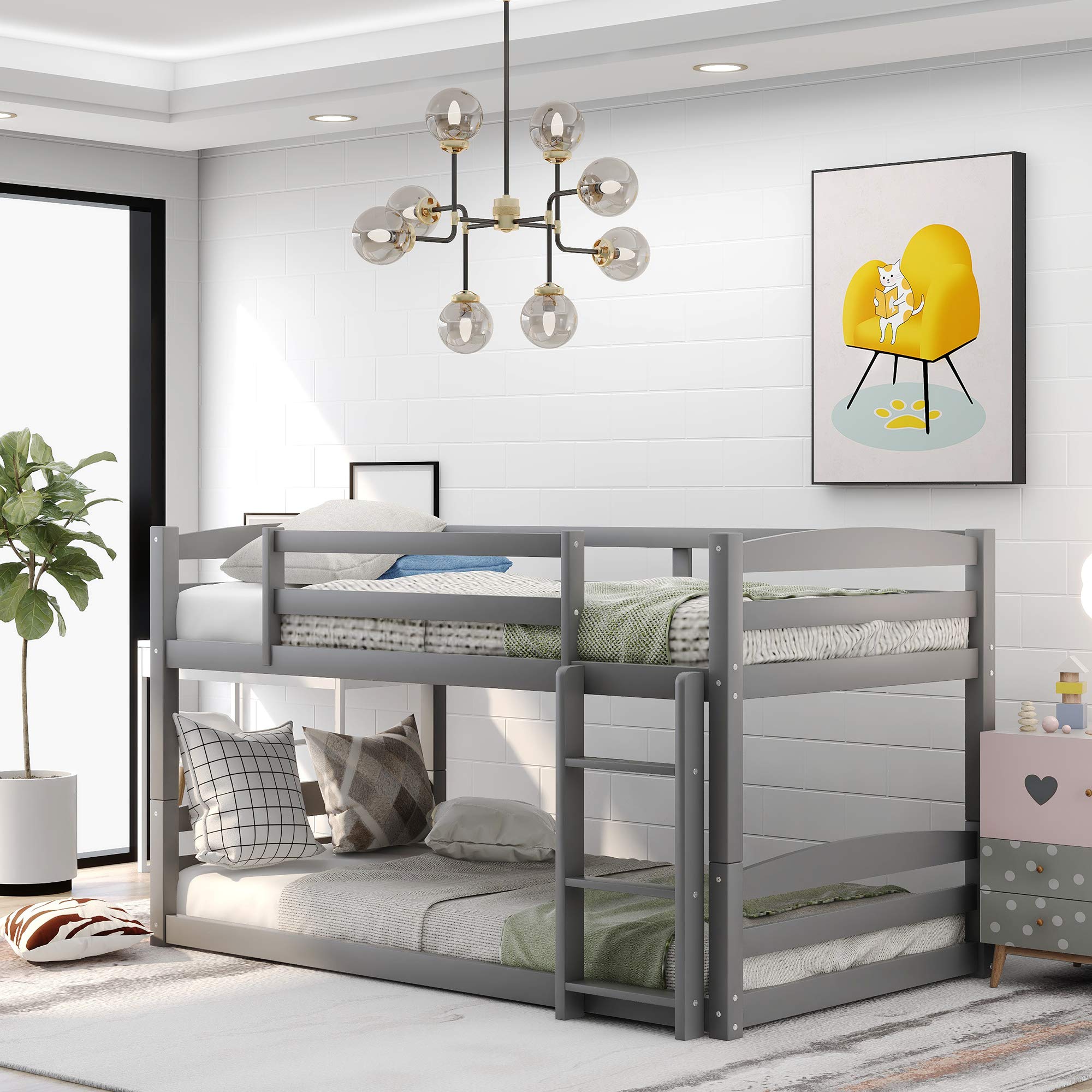 Bellemave Low Bunk Bed Twin Over Twin, Wood Twin Bunk Bed Frame with with Safety Rail Ladder for Kids Bedroom, Can be Divided into 2 Beds, Gray