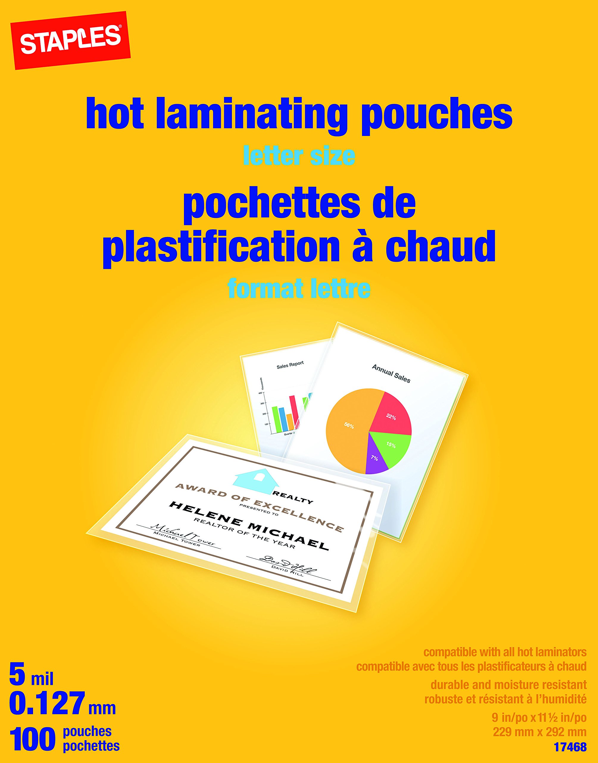 Staples Letter Size Thermal Laminating Pouches, 5 mil, 100 pack