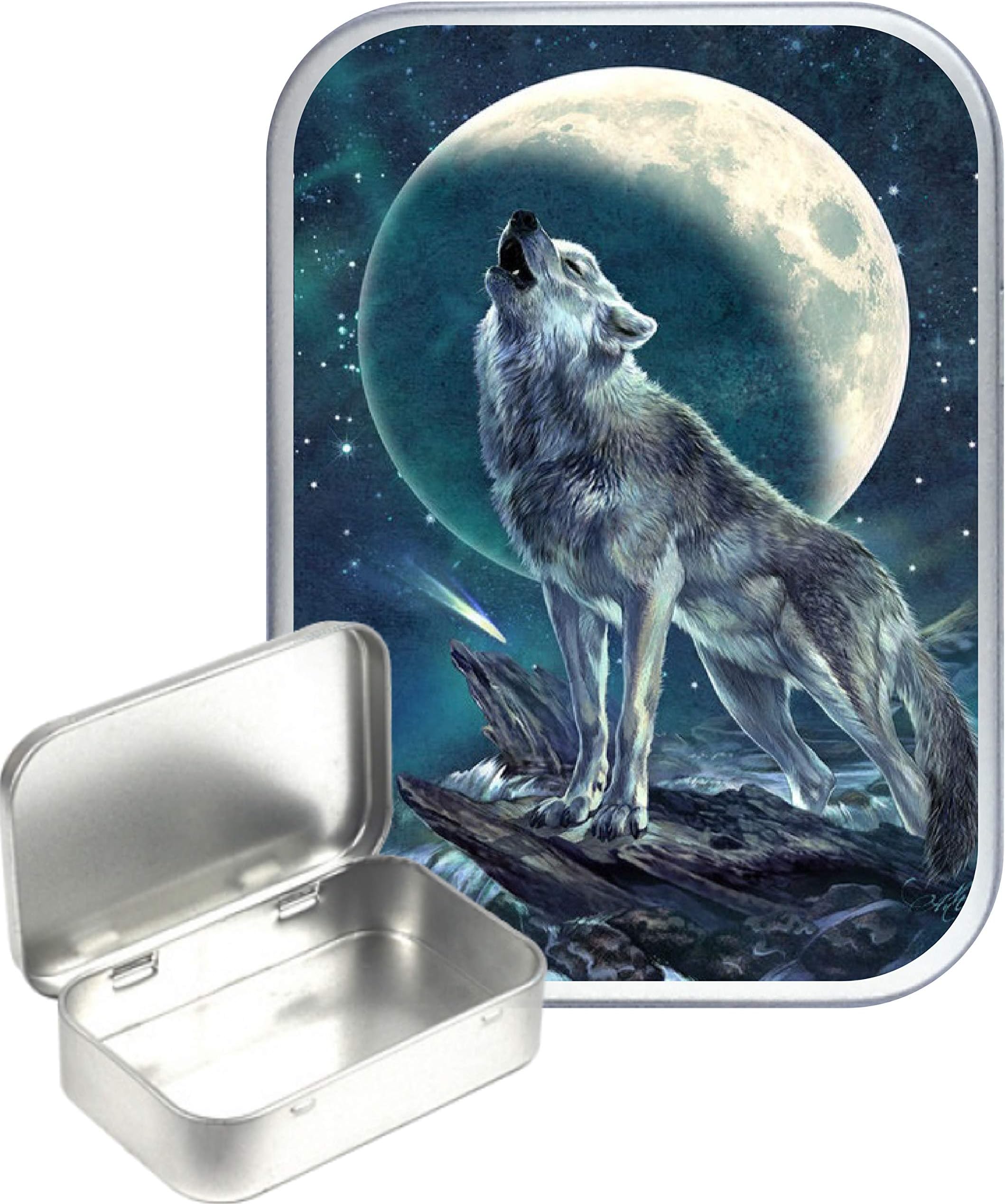 TEEZ Wolf Night 30ml Small Silver Hinged Tin, Hinged Pill Tin,Gift Box,1oz Tobacco Tin