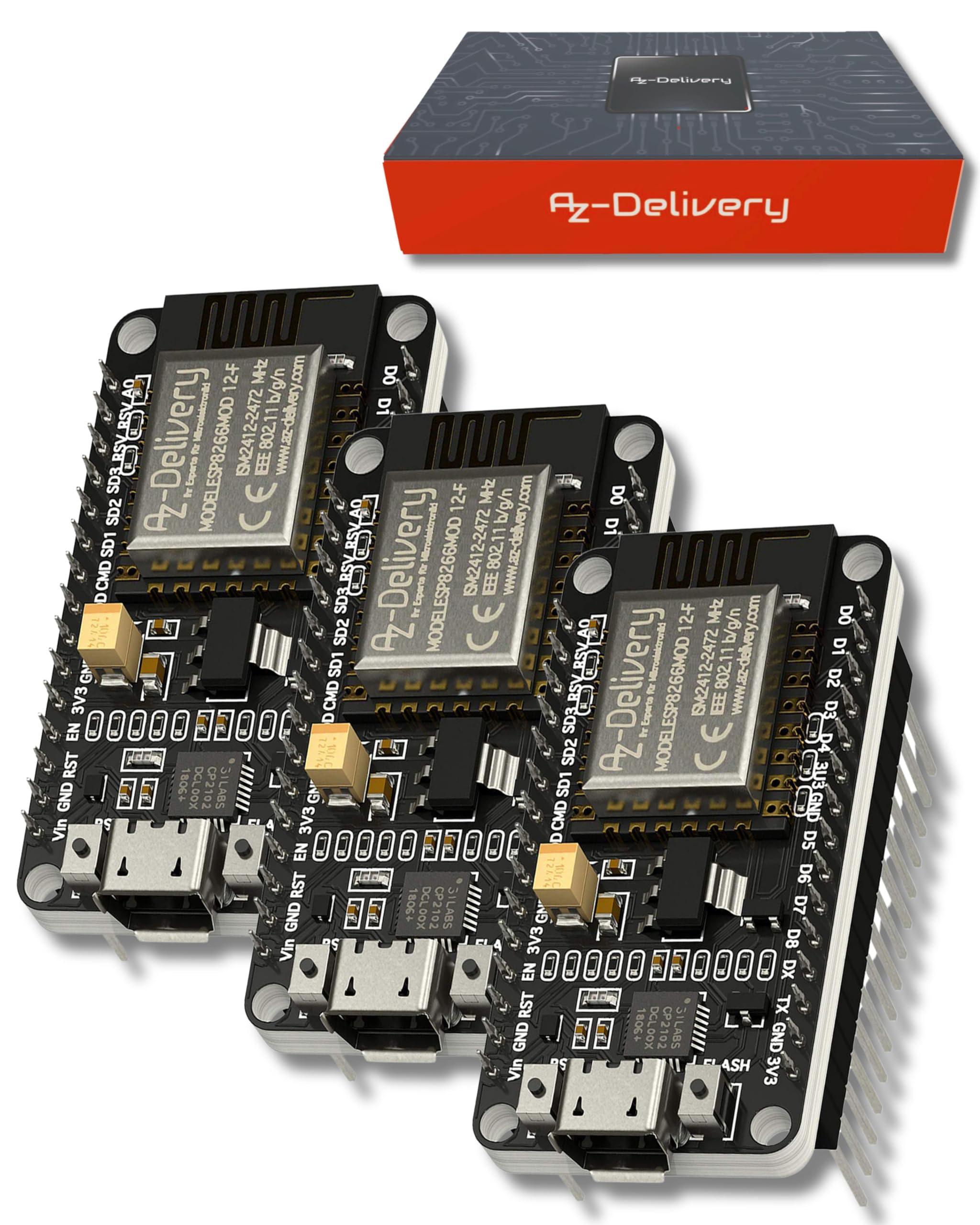 AZDelivery NodeMCU V2 WiFi Amica ESP8266 ESP-12F I2C Development Board CP2102 3.3V IoT Open Source Serial WiFi Module PWM IIC compatible with Arduino Including E-Book! (Pack of 3)