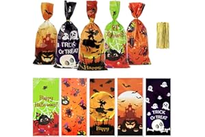 LEISLAM Halloween Treat Bags, Halloween Cellophane Treat Bags, 50 PCS Halloweens Candy Bag, Plastic Cello Cookie Goodies Gift Bag with 50pcs Ties for Halloweens Trick or Treat Party Favors Supplies, 4 Style