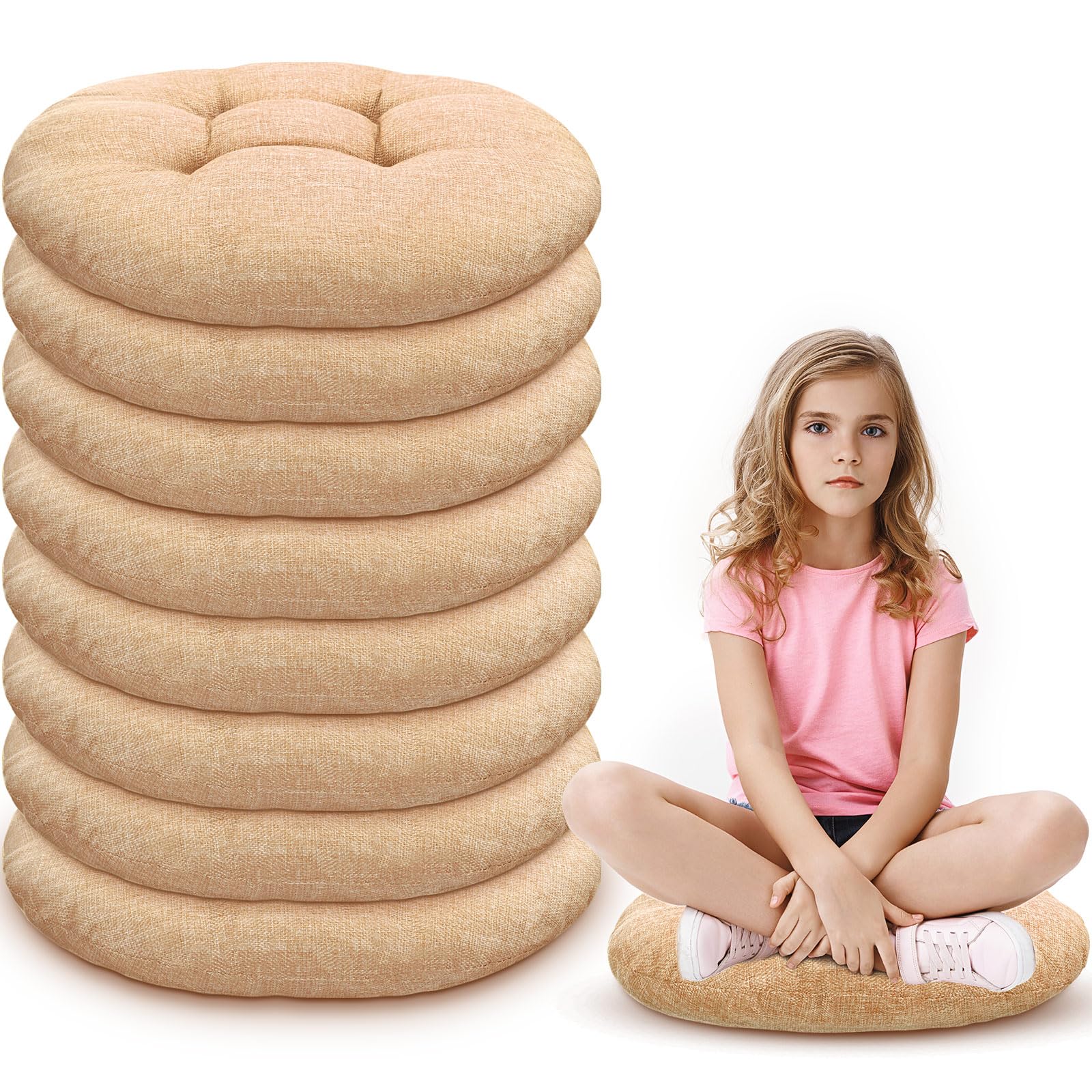 Photo 1 of Fumete 8 Pcs 16 Inch Round Floor Cushions for Kids and Toddlers, Flexible Seating Classroom Furniture Floor Pillow for Home, Daycare, Preschool, Yoga and Meditation (Flax)