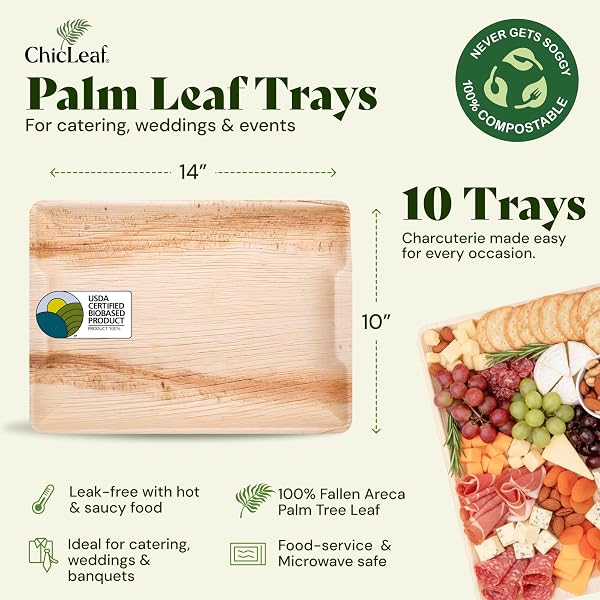 CHIC LEAF 10X14 DISPOSABLE CHARCUTERIE BOARDS, 20 PACK – RECTANGULAR PALM LEAF TRAYS FOR WEDDINGS, SUMMER BRUNCH & OUTDOOR PARTIES – SERVING PLATTERS FOR FRUIT, CHEESE, & CATERING – MICROWAVEABLE