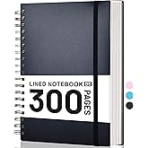 Yoment B5 College Ruled Spiral Notebook 7.3"x10.15" 300 Page Journal, Lined Spiral Notebooks Thick 100GSM Paper Hardcover Writing Notebook for School, Work, Students, Women & Men.Black