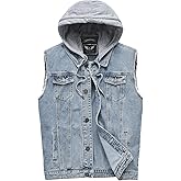 RongYue Men's Denim Vest Casual Button Stretchy Distressed Jean Sleeveless Jacket with Hood