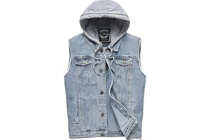 RongYue Men's Denim Vest Casual Button Stretchy Distressed Jean Sleeveless Jacket with Hood