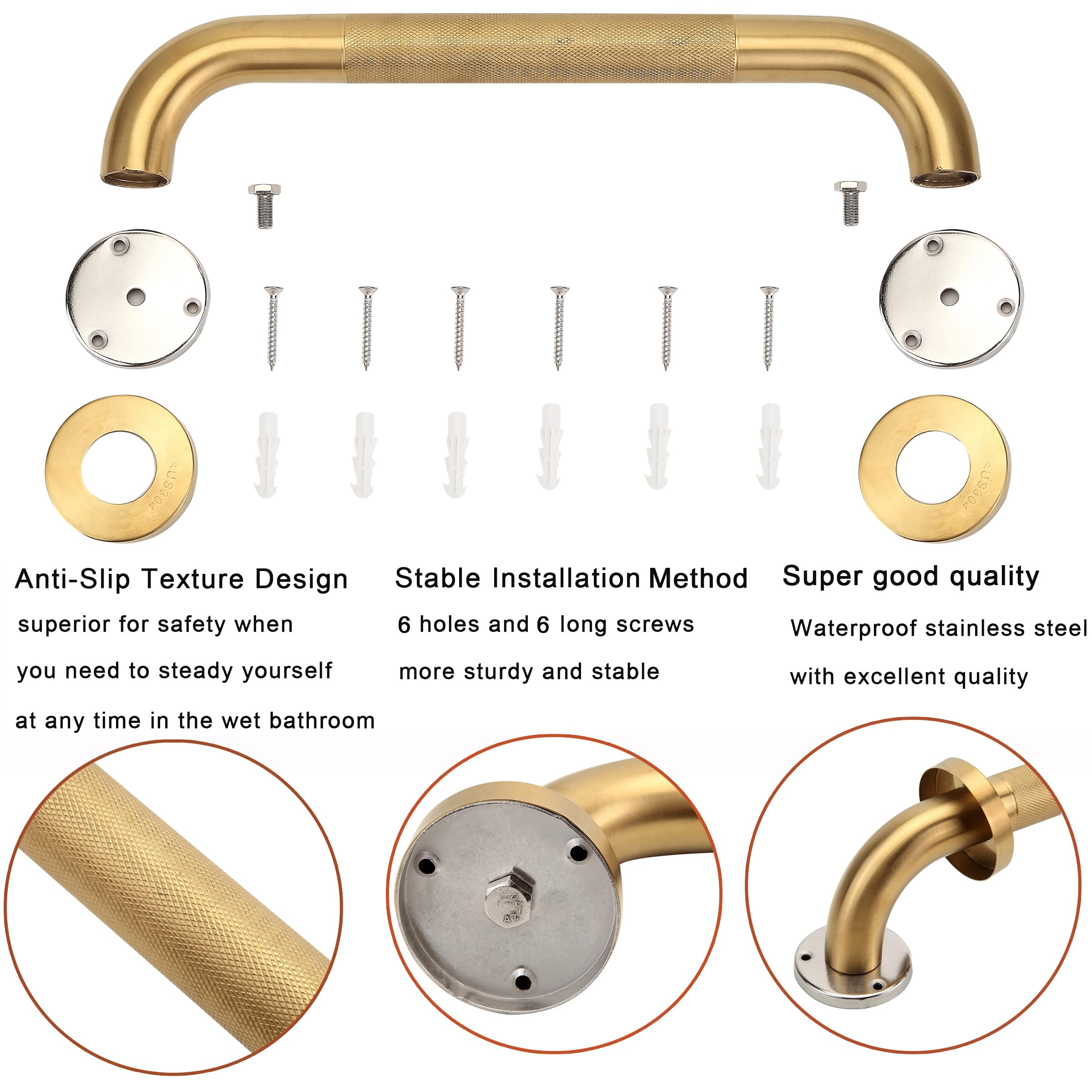 Shower Grab Bar, 2 Pack 16 Inch Gold Bathroom Grab Bar, 1.25
