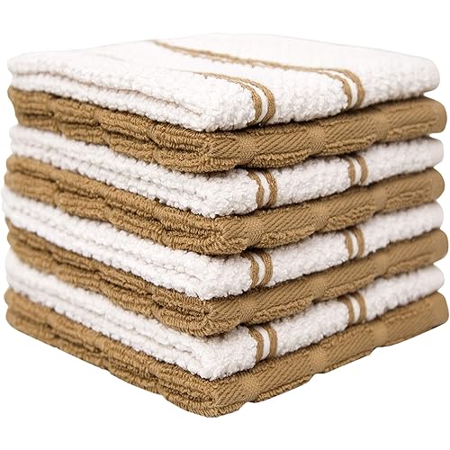 Premium Dish Cloths Set (12”x 12”, 8 Pack) – Cotton Kitchen Dish Cloth Towels – Popcorn Grid Design – 380 GSM Highly Absorbent DishTowels Set with Hanging Loop – Tan