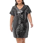 Anna-Kaci Women's Plus Size Short Sleeve Sequin Dresses V Neck T Shirt Shift Sparkle Dress