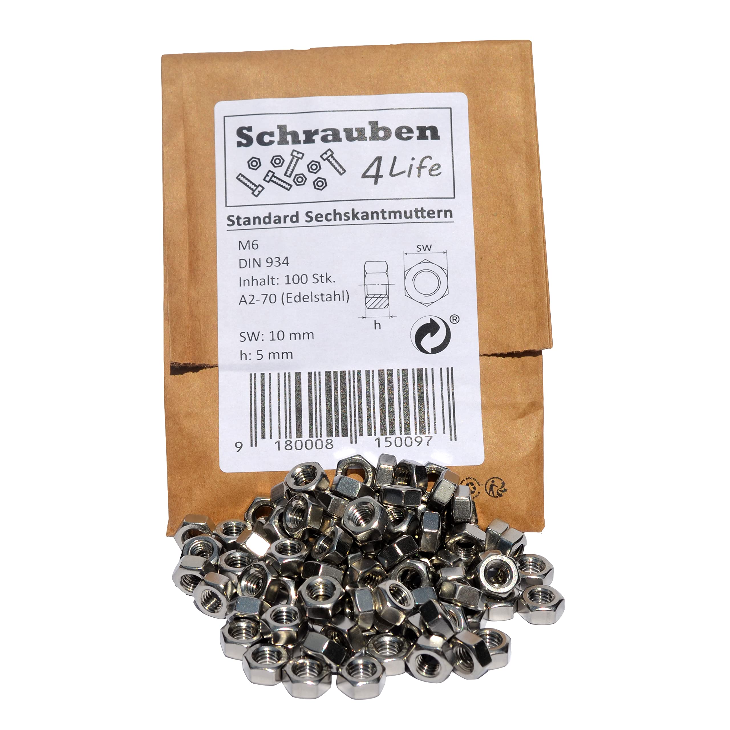 Hexagon Nut M6 Stainless Steel Pack of 100 Plastic-Free Packaging Schrauben4Life - A2-70, DIN934 Stainless Steel, Nuts for Industrial, Garden and Home (100, M6)