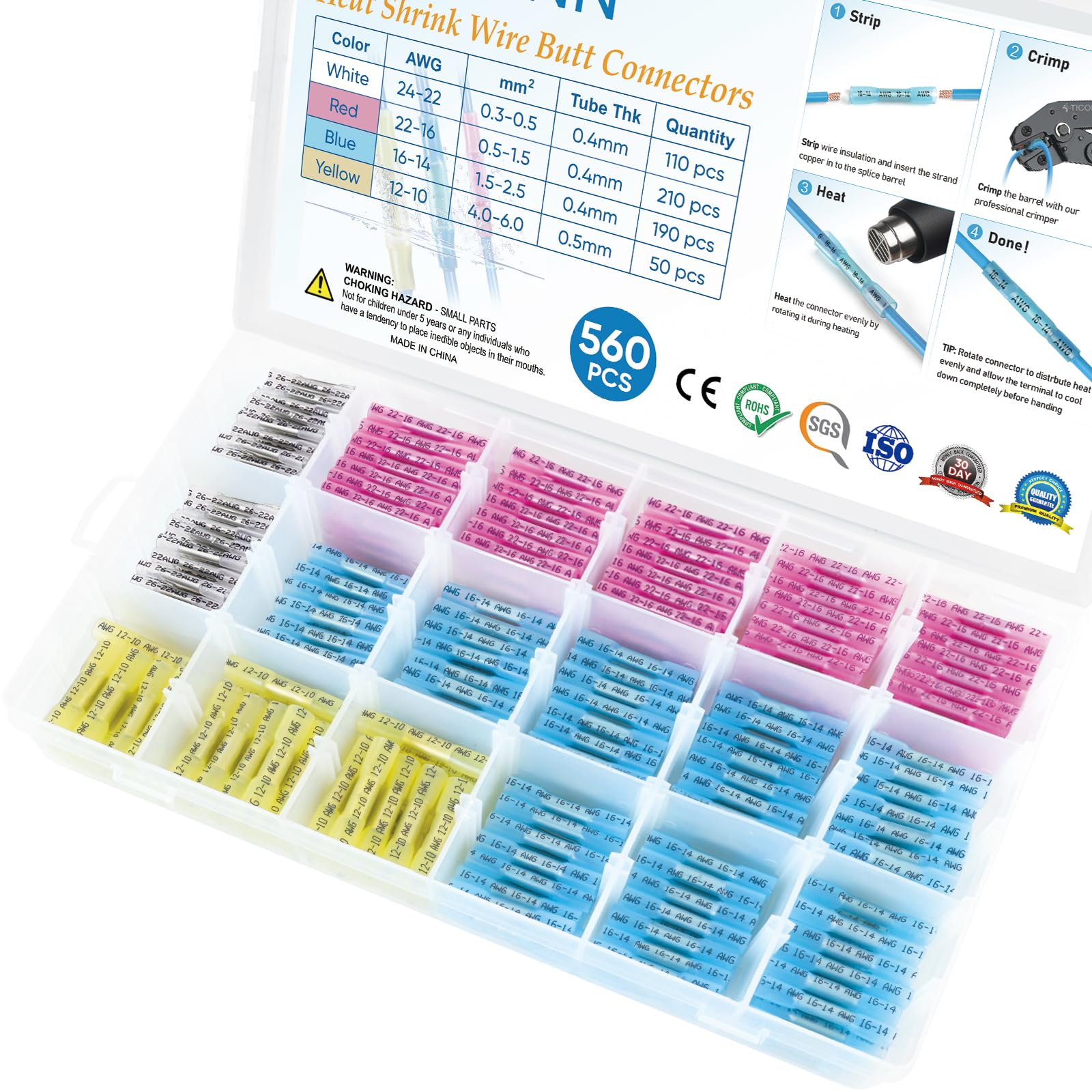 TICONN 560 PCS Heat Shrink Butt Connectors Kit, AWG 24 – 10 4 Sizes Butt Splice, Insulated Waterproof Electrical Marine Automotive Wire Crimp Terminals (560pcs) Image
