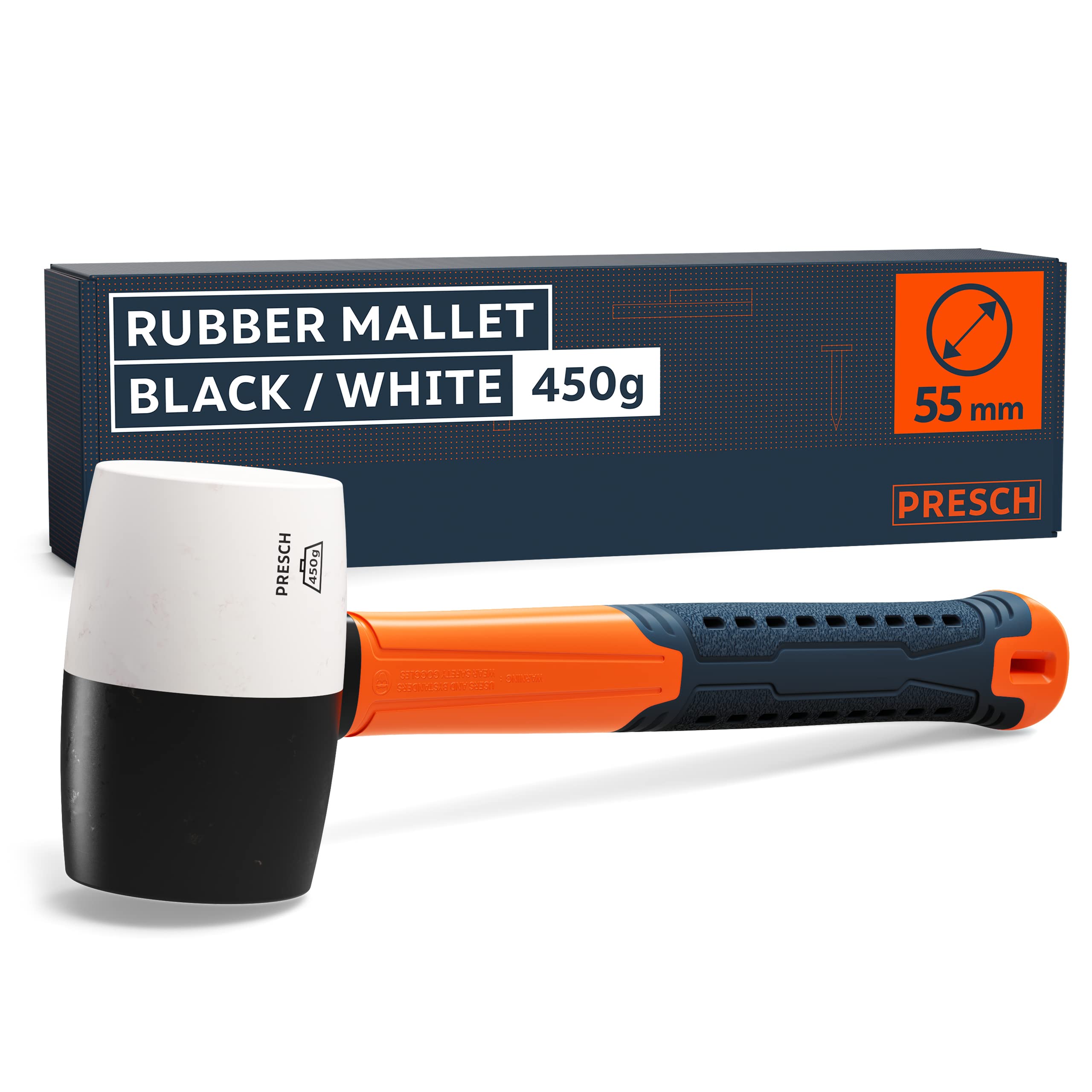 Presch Rubber Mallet Black/White 450g - Mallet Hammer with fibreglass Handle | ⌀=55mm - with Two Sides for Indoor and Outdoor use - Durable Soft Hammer