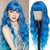 MINSEEYOO Blue Wig with Bangs for Women Long Ombre Blue Wavy Wigs 26 Inch Blue Wigs Natural Looking Heat Resistant Synthetic Wig for Daily Party Use
