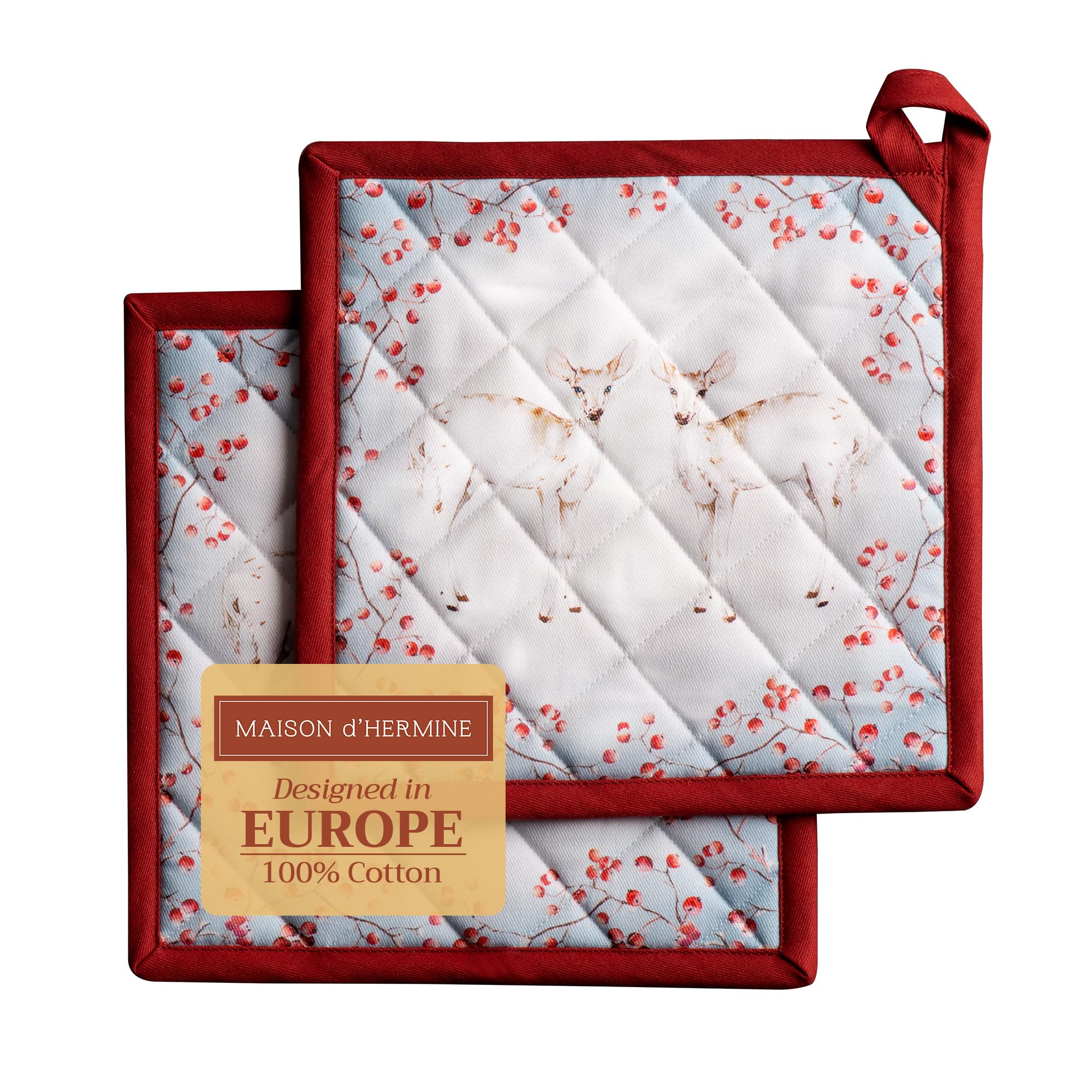 Maison d' Hermine Pot Holders Set 100% Cotton Heat Resistant Potholders 20 cm x 20 cm Hot Pads with Loop for Christmas Decorations BBQ Cooking Baking Handling Hot Pans (Pack of 2, Fairy Tale Forest)