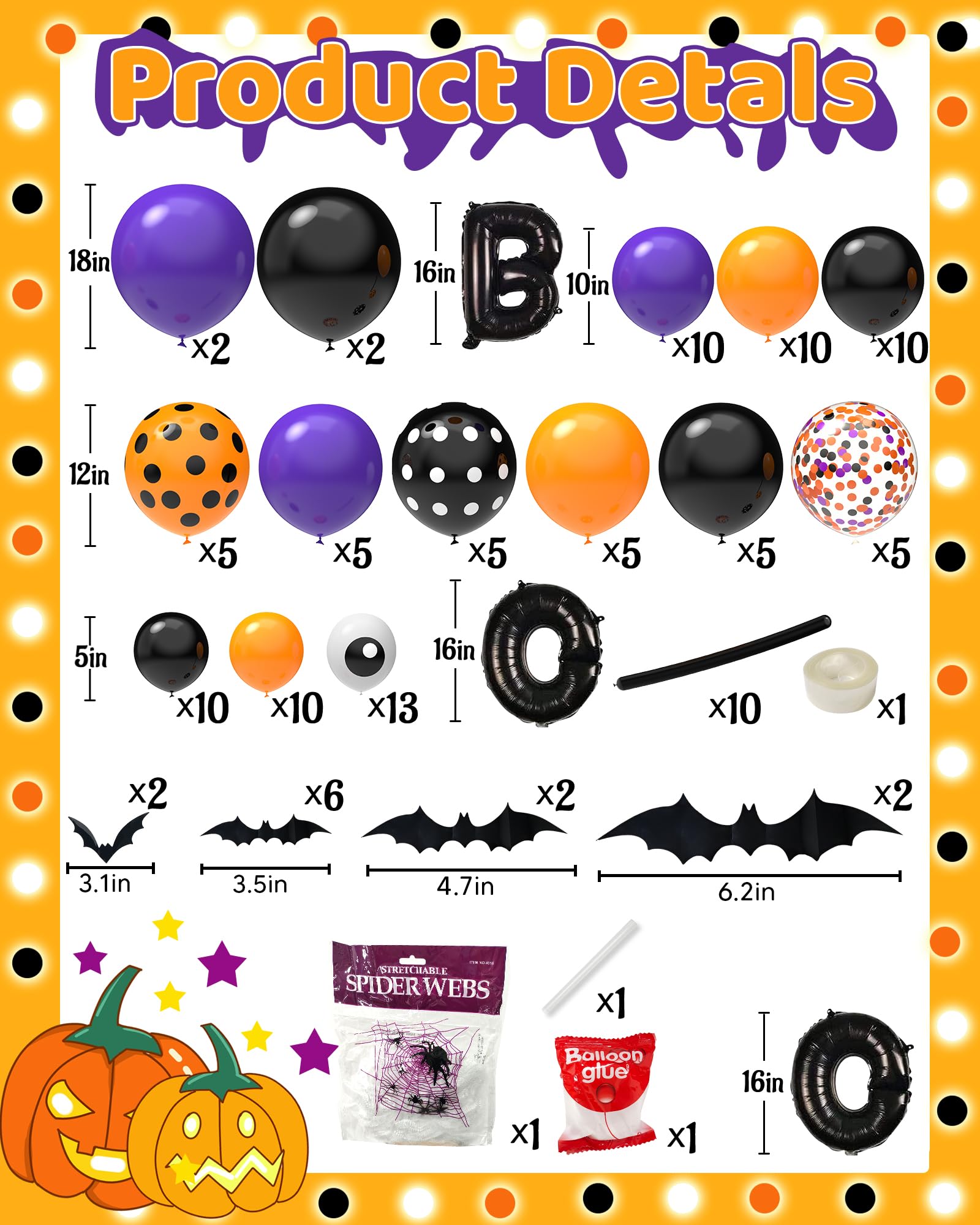 Lutoys 126 Pcs Halloween Balloon Garland Arch Kit, Eye Balloons with Spider Web, Bats, Purple Orange and Black Balloons for Halloween Birthday Supplies Halloween Party Decorations