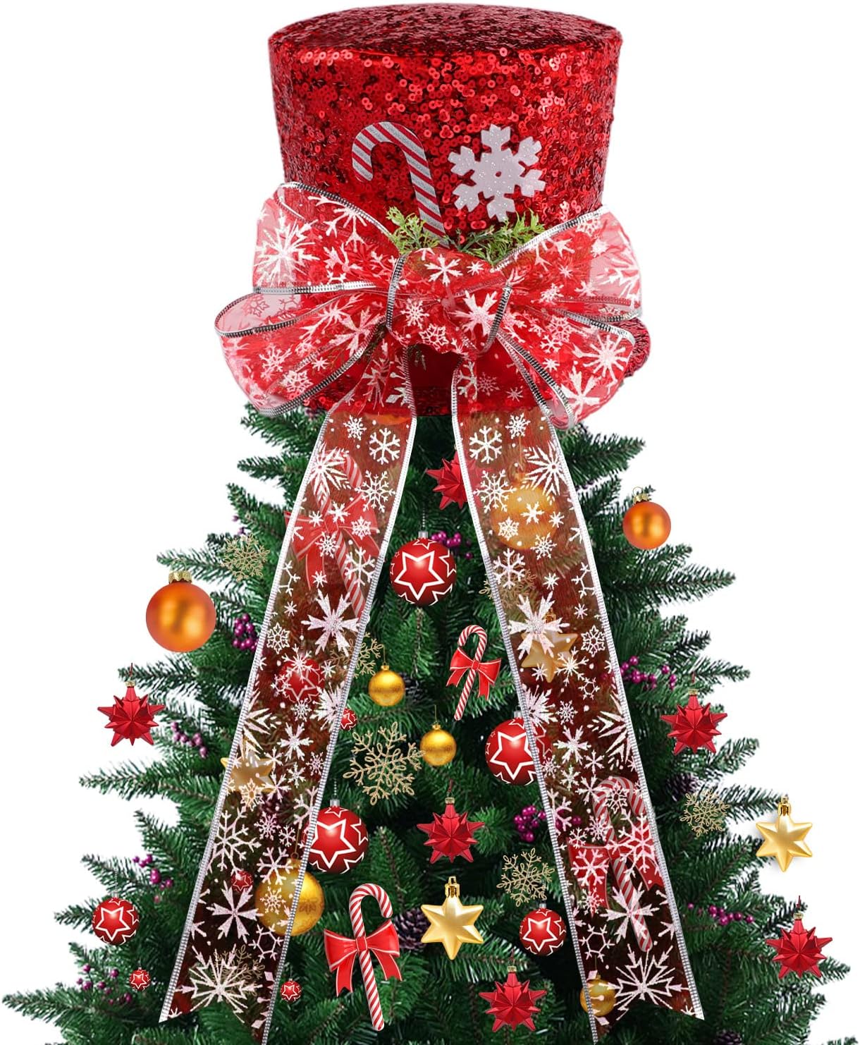 Tree Toppers - LHMTQVK Christmas Tree Topper Hat, Black Top Hat with Bow and Lengthened Ribbon - Tree Topper Christmas Decorations for Xmas Holiday Winter Party Ornament Supplies (Red Sequins)