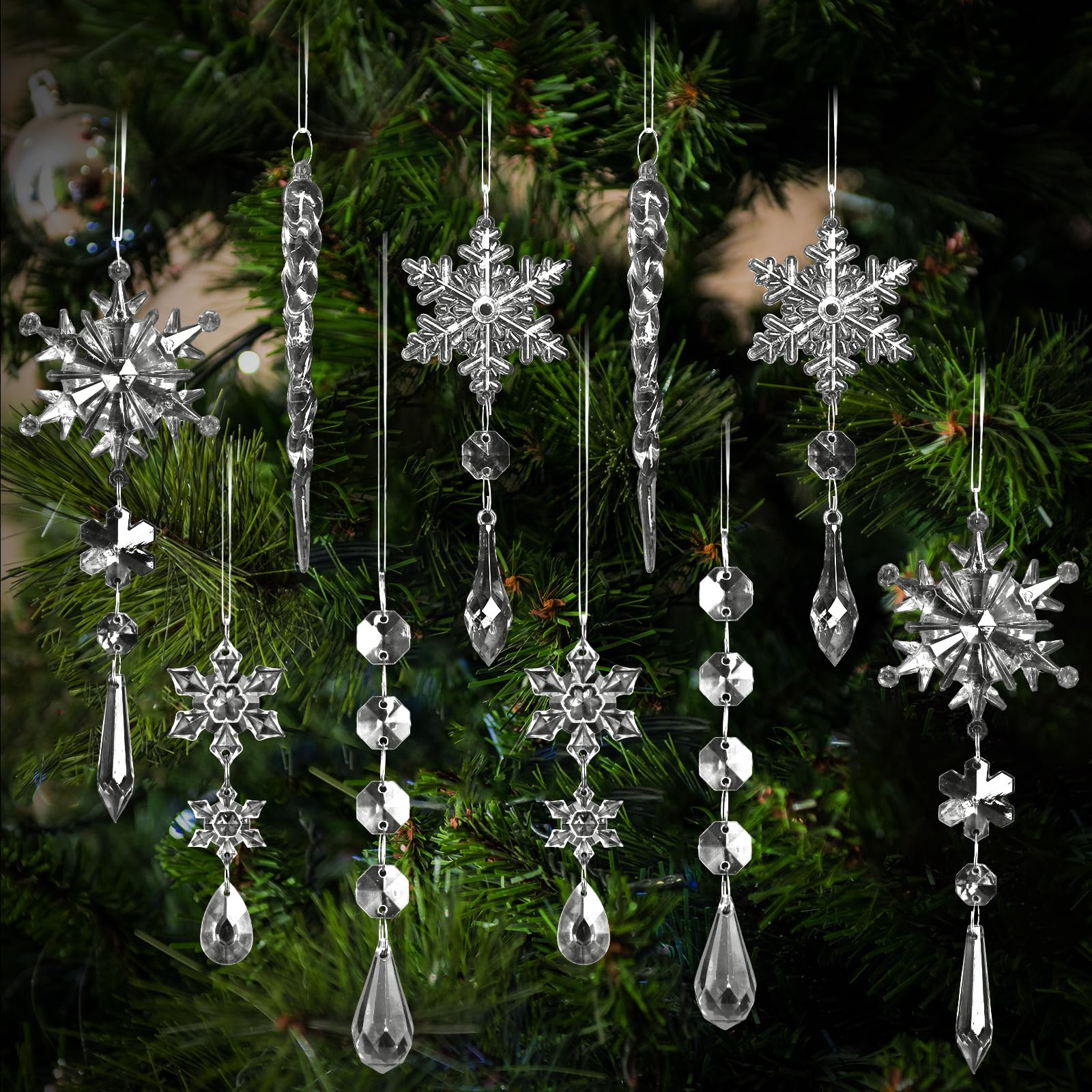 Photo 1 of 10 Pcs Crystal Christmas Ornaments for Tree Decor, Acrylic Snowflake Icicle Ornaments for Winter Wonderland Decorations, Hanging Ornament with Drop Pendants for New Year Holiday Party Supplies, Clear