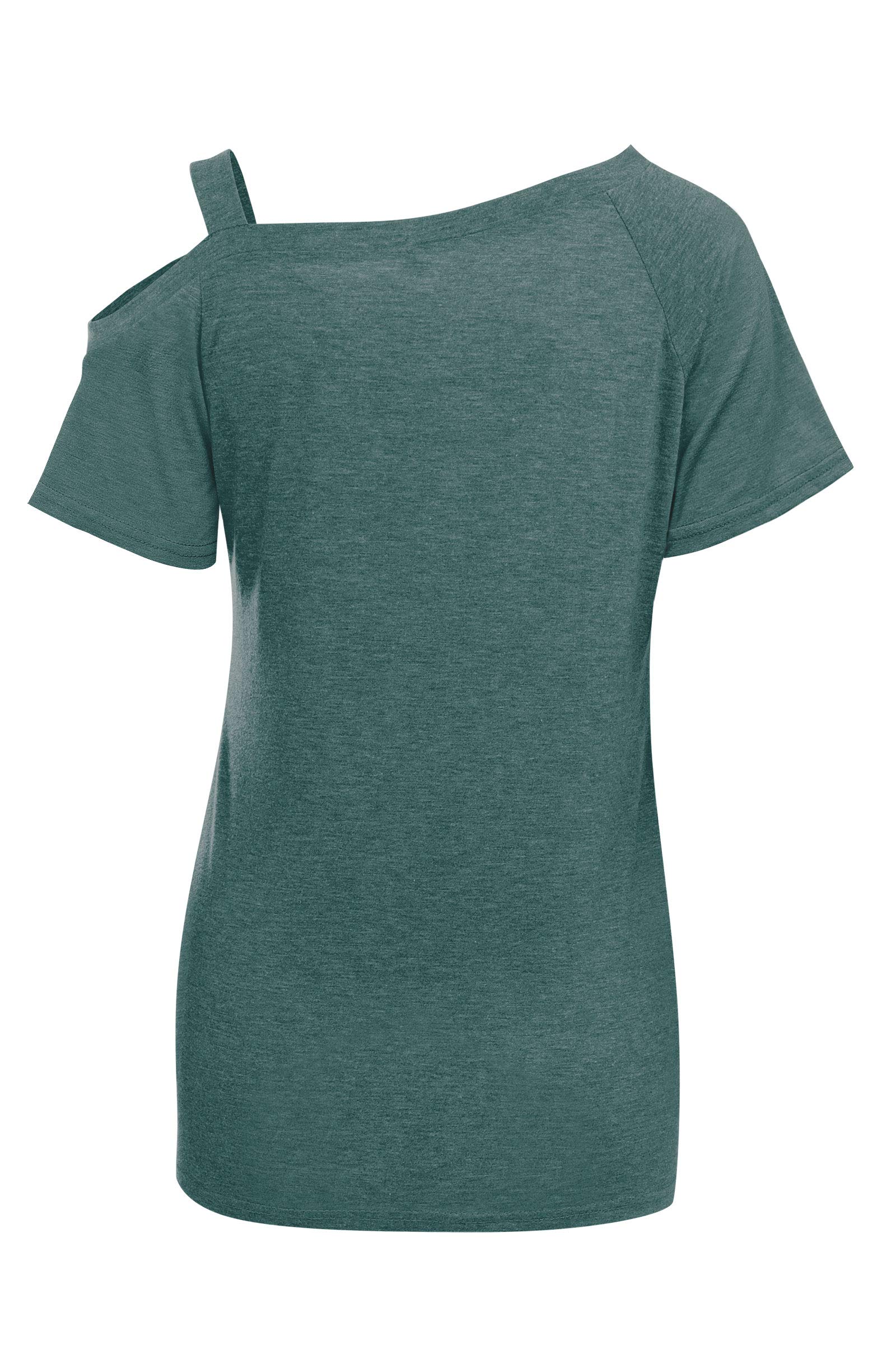 IMIDO Womens Cold Shoulder Tops Front Knot Side Twist Shirts One Shoulder Blouse Short Sleeve Tunic (M, B-Green)