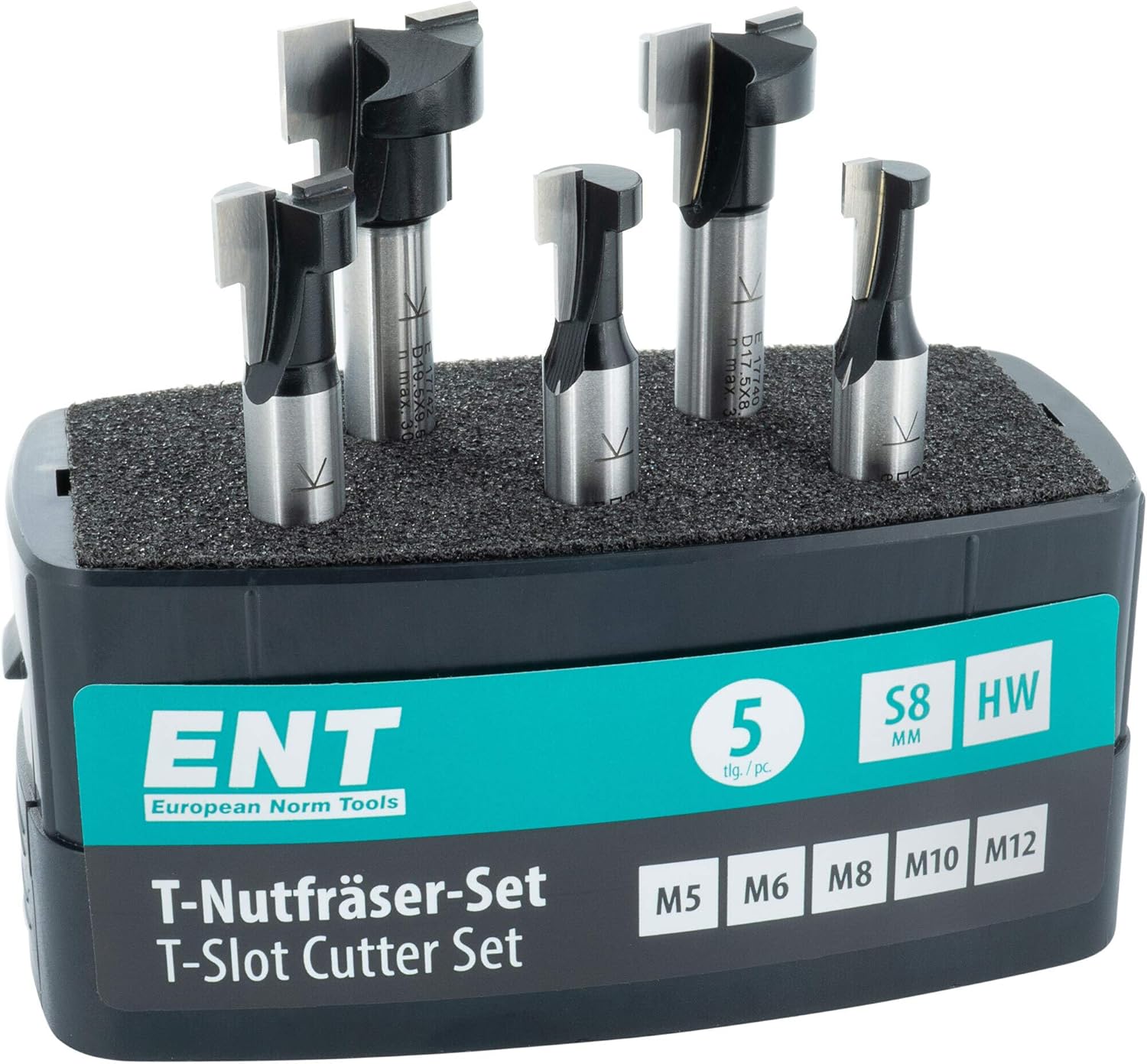 ENT 09055 5-Piece T-Slot Router bits M5, M6, M8, M10 and M12 Cutter, 8mm Shaft, in Hard Metal