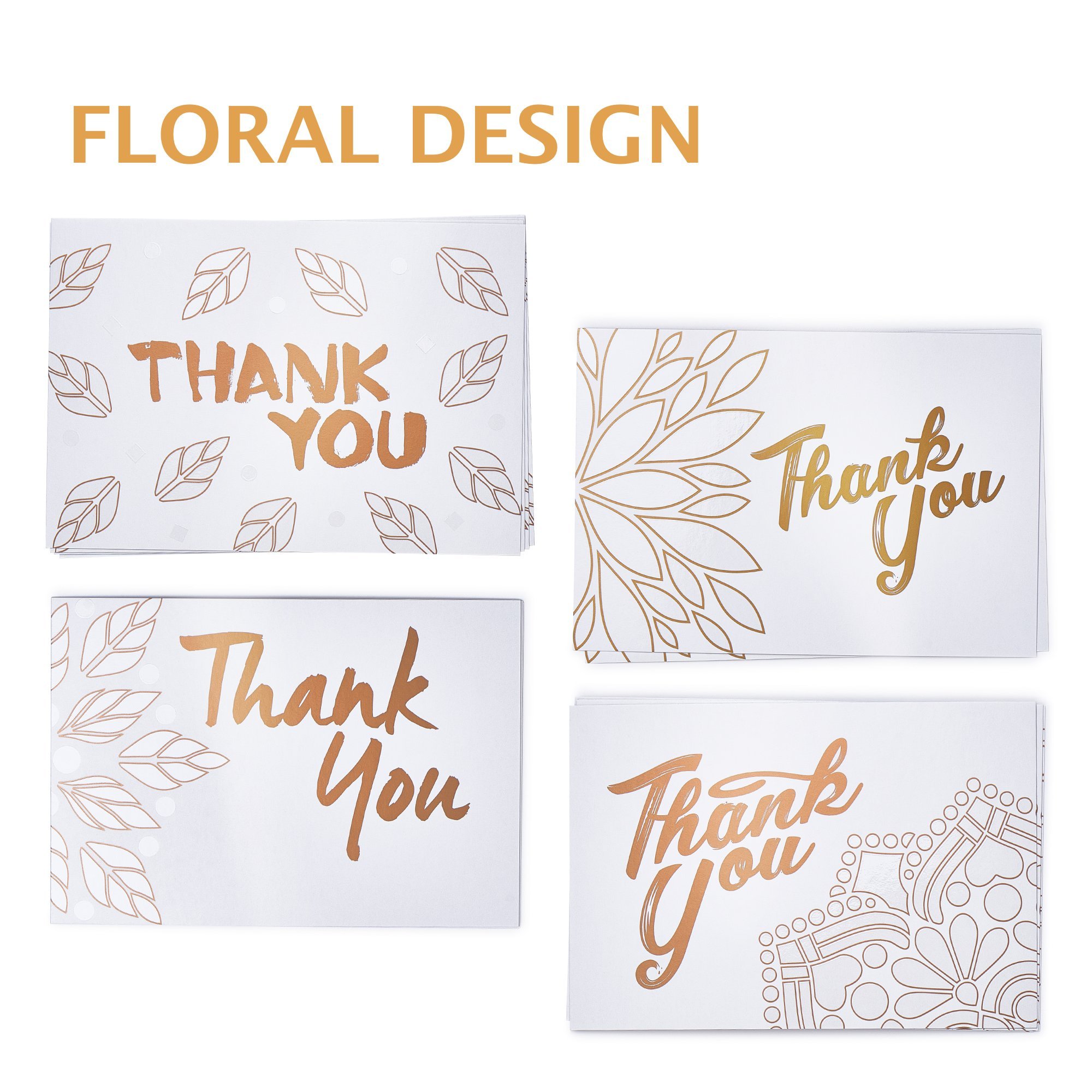 Thank You Cards Box Set - 40 Greeting Cards with Kraft Envelopes - Rose Gold/White Floral Design Note Cards - Best Thank You Notes for boy/girl Baby Shower, Men, Bridal, Wedding, Kids, Graduation