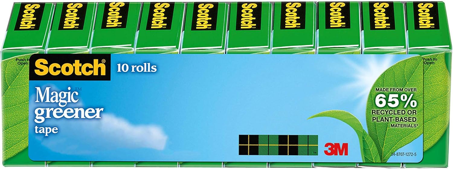 Scotch Brand Magic Greener Tape, Made with Recycled or Plant Based Material, Engineered for Repairing, 3/4 x 900 Inches, Boxed, 10 Rolls (812-10P), Transparent, 0.75 x 900 in : Clear Tapes : Office Products