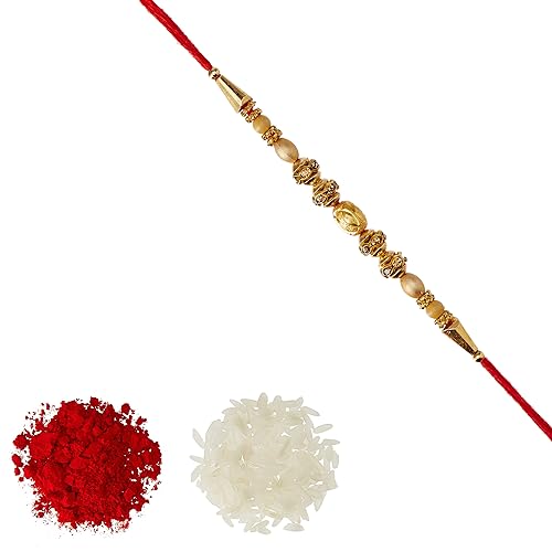 Golden Ball AD Ring Rakhi with Roli Chawal Tilak For Men Boys (Golden) (R17452G)