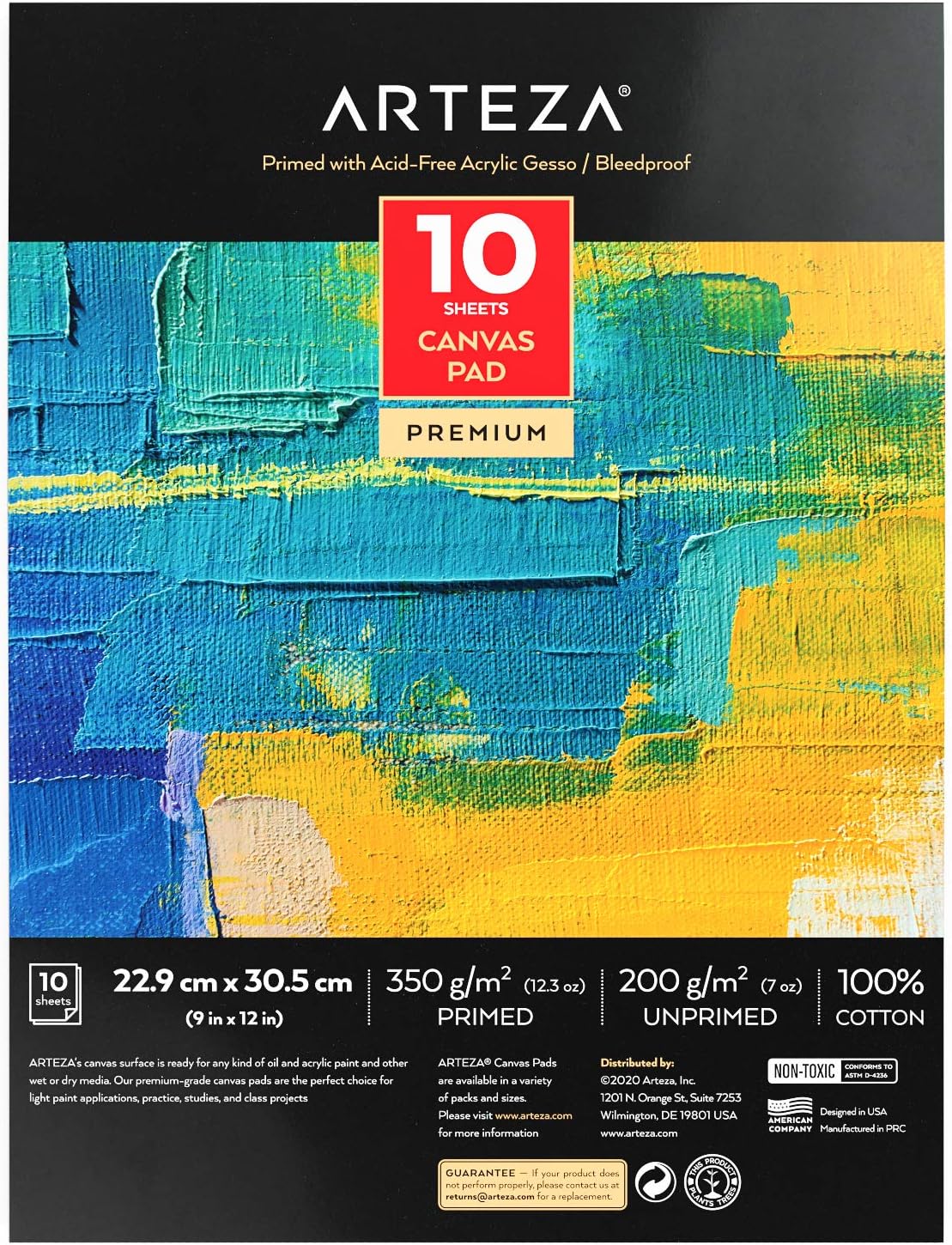 Arteza Canvas Pad, 9 x 12 Inches, 10 Sheets, 100% Cotton, Primed with Acid-Free Gesso, Glue-Bound Canvas Paper for Oil and Acrylic Painting, Art Supplies for Mixed Media Techniques