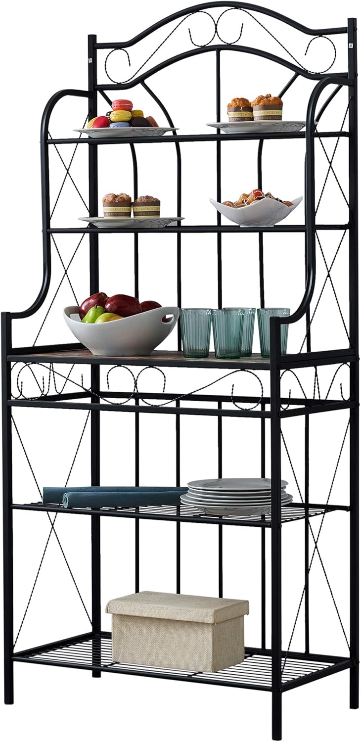 Kings Brand Furniture – Black Metal / Faux Stone 5-Tier Kitchen Storage Bakers Rack - Standing Baker's Racks