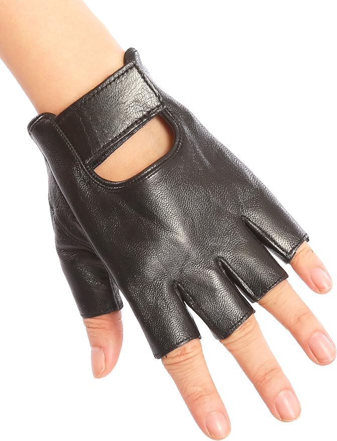 May&Maya Women's Genuine Nappa Leather Fingerless Motorcycle Fashion Driving Gloves at Amazon