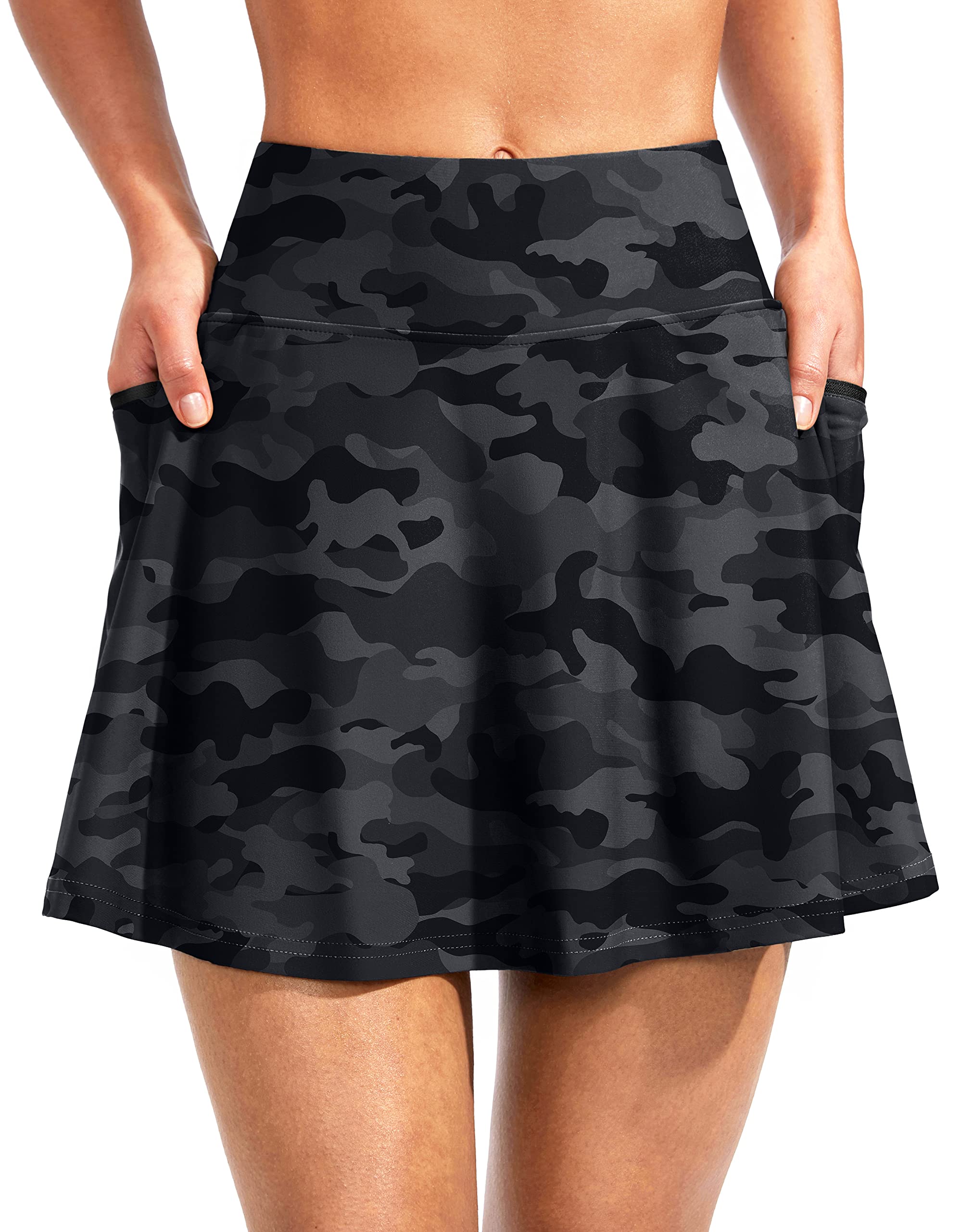 Kayrth Women's High Waisted Swim Skirt with Zipper Pockets Tummy Control Bathing Suit Swimsuit Tankini Bottoms Black Camo Image
