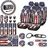 American Flag 25 PCS Patriotic Seat Covers - Skull Camo Car Accessories - 4th of July Steering Wheel Cover, Tire Valve Stem Caps, Cup Holder, Armrest Pad, Seatbelt Pads, Wrist Strap