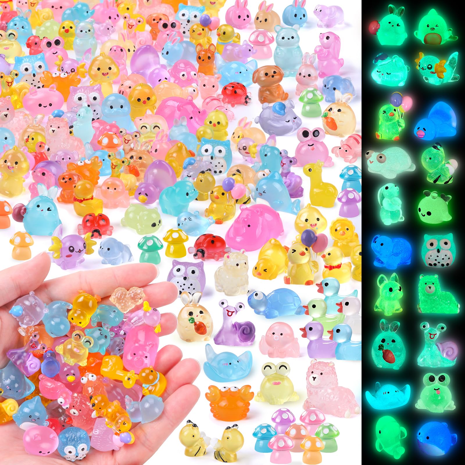 XIMISHOP 206PCS Mini Luminous Resin Animals，Little Tiny Resin Animals Miniature Mini Little Small Plastic Animals Figures Glow in the Dark for Micro Landscape Fairy Garden Aquarium Dollhouse Decor
